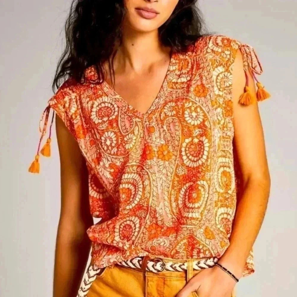 Anthropologie orange and pink sleeveless V neck blouse size small